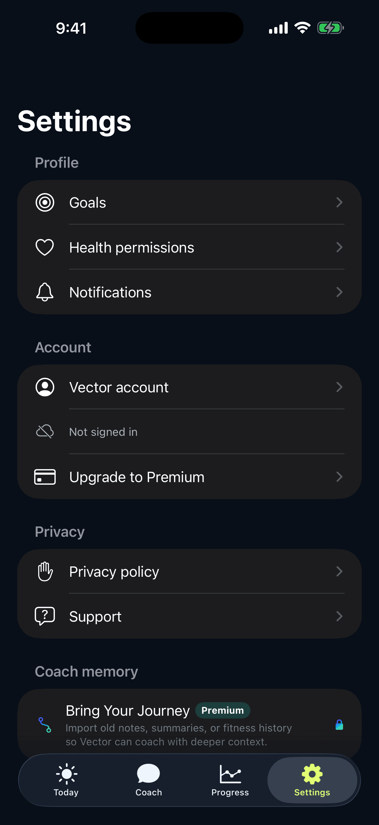 Vector Coach Settings screen.